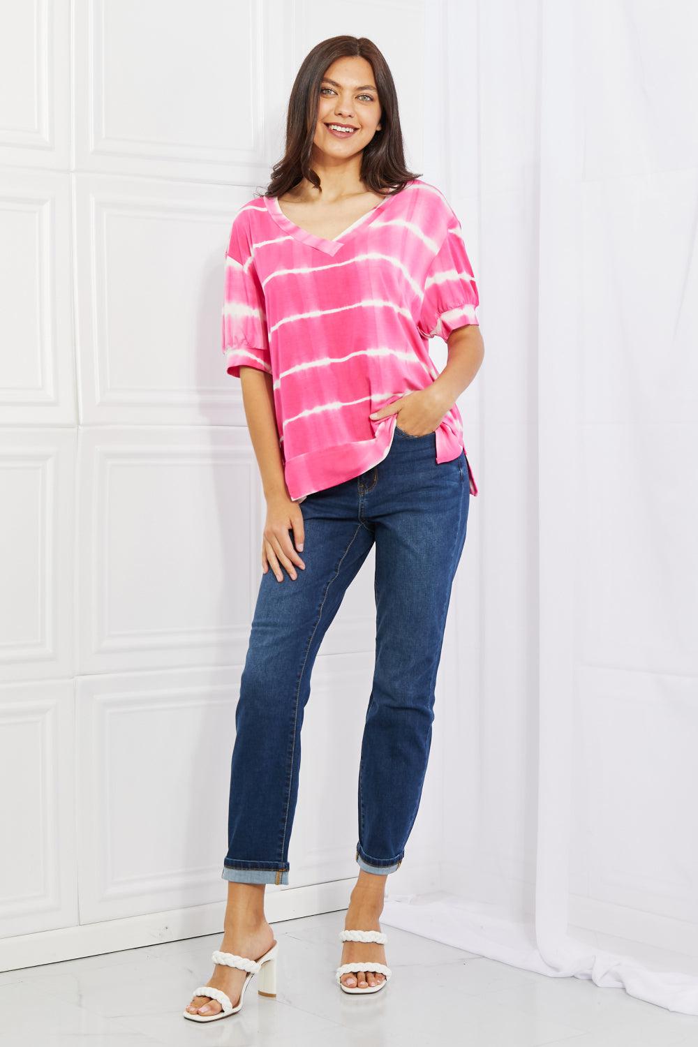 Yelete Full Size Oversized Fit V-Neck Striped Top BLUE ZONE PLANET