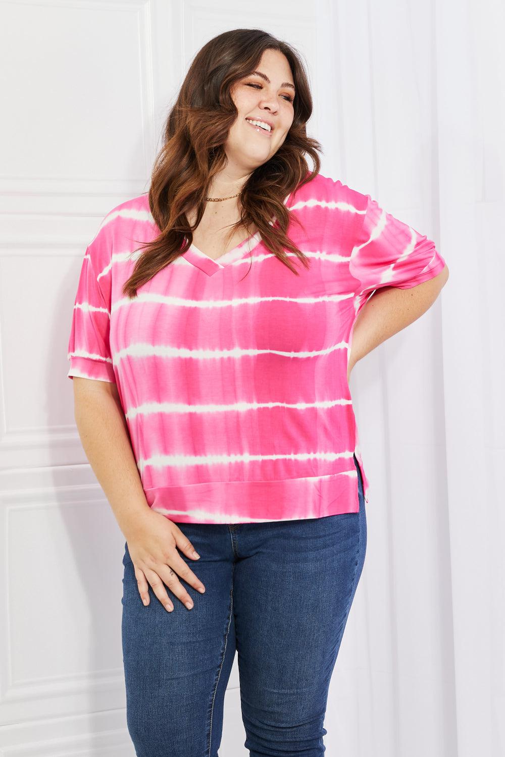 Yelete Full Size Oversized Fit V-Neck Striped Top BLUE ZONE PLANET