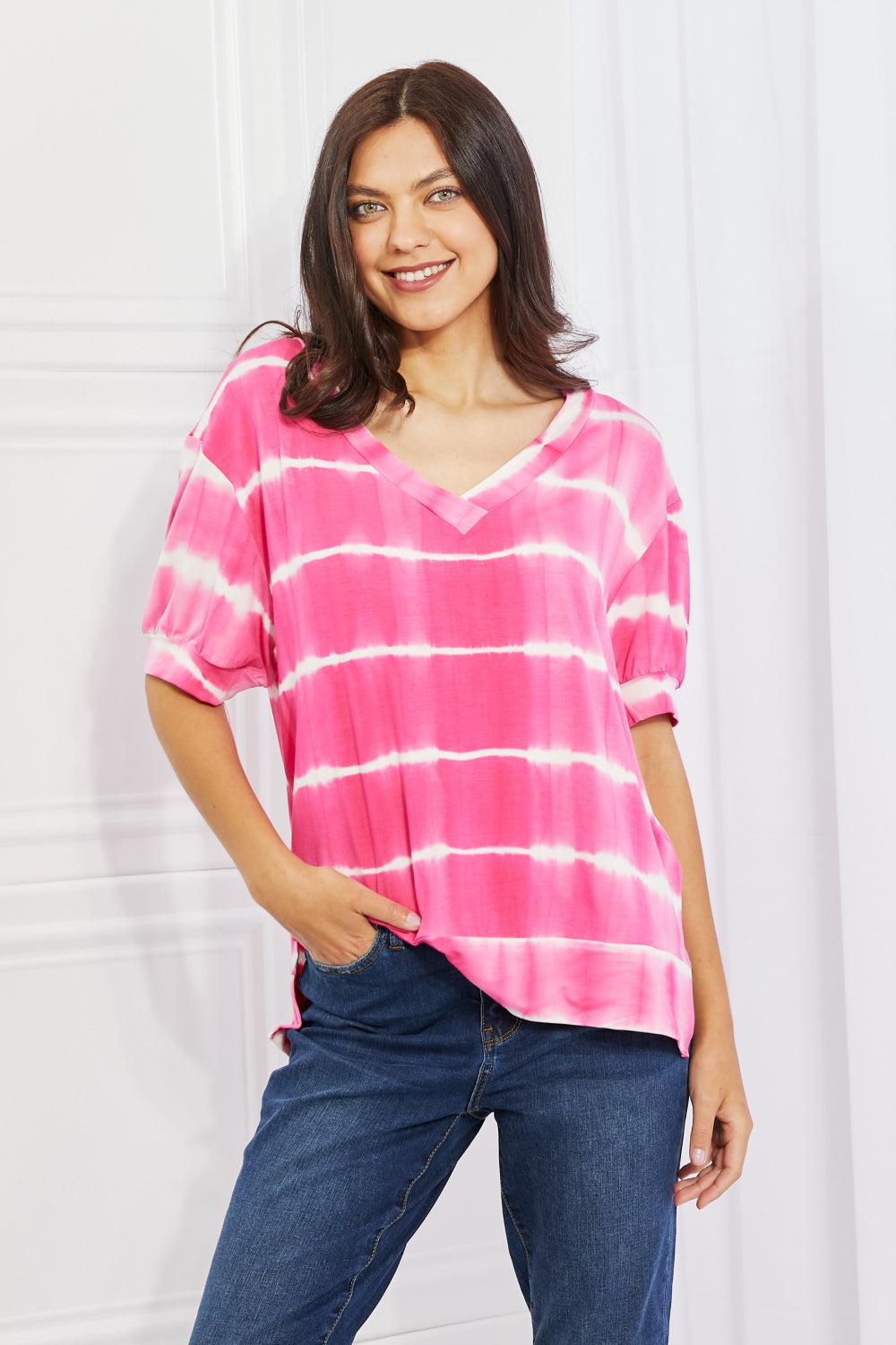 Yelete Full Size Oversized Fit V-Neck Striped Top BLUE ZONE PLANET