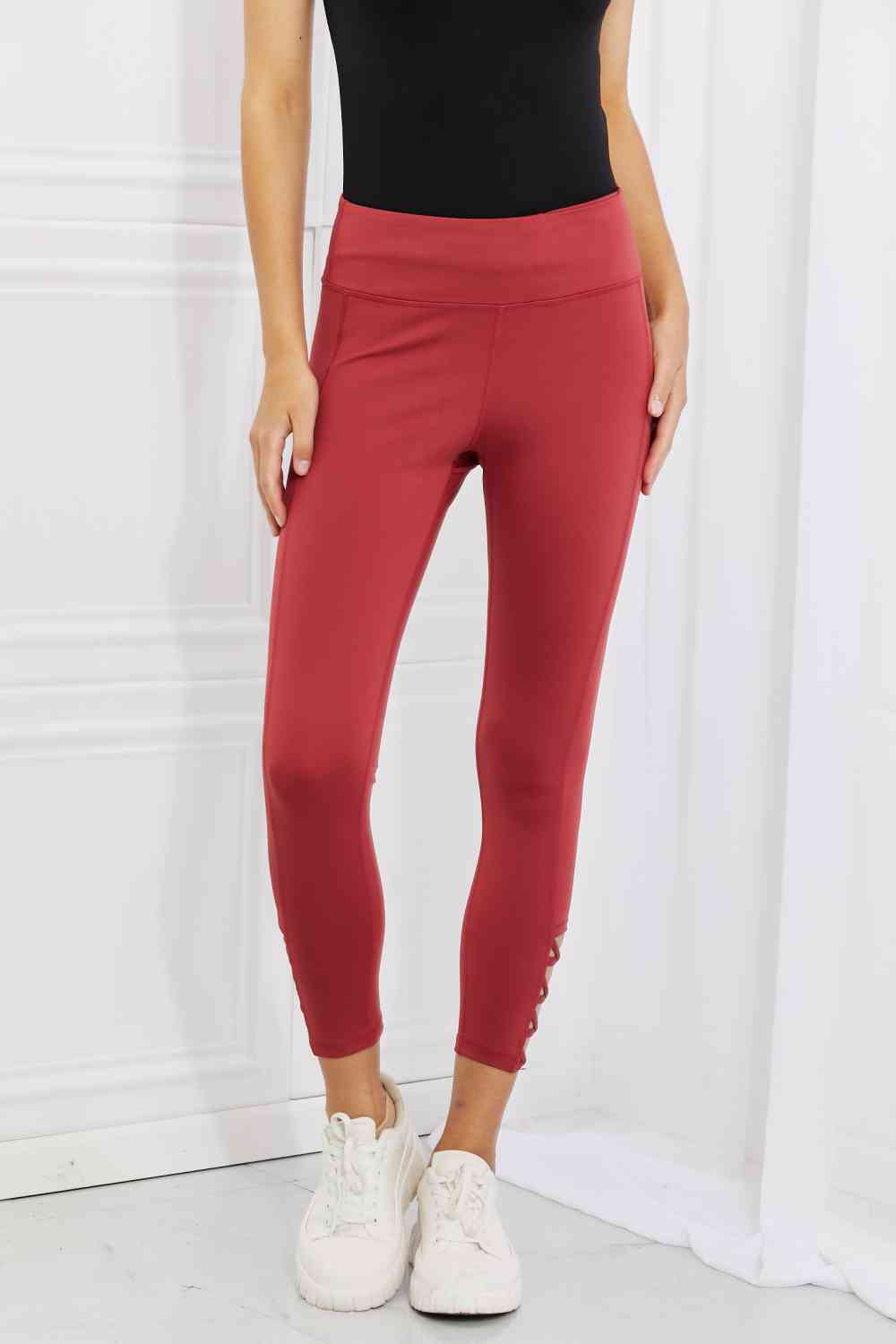 Yelete Ready For Action Full Size Ankle Cutout Active Leggings in Brick Red BLUE ZONE PLANET