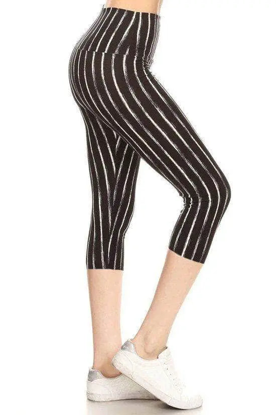 Yoga Style Banded Lined Stripe Printed Knit Capri Legging Blue Zone Planet