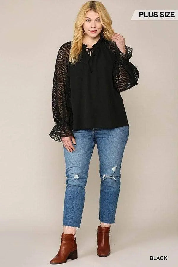 Zebra Burnout Sleeve Ruffled Neck Bubble Crepe Blouse Blue Zone Planet