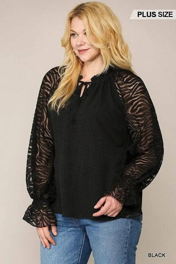 Zebra Burnout Sleeve Ruffled Neck Bubble Crepe Blouse Blue Zone Planet
