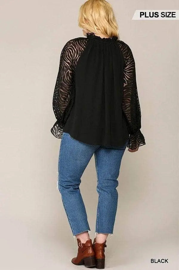 Zebra Burnout Sleeve Ruffled Neck Bubble Crepe Blouse Blue Zone Planet