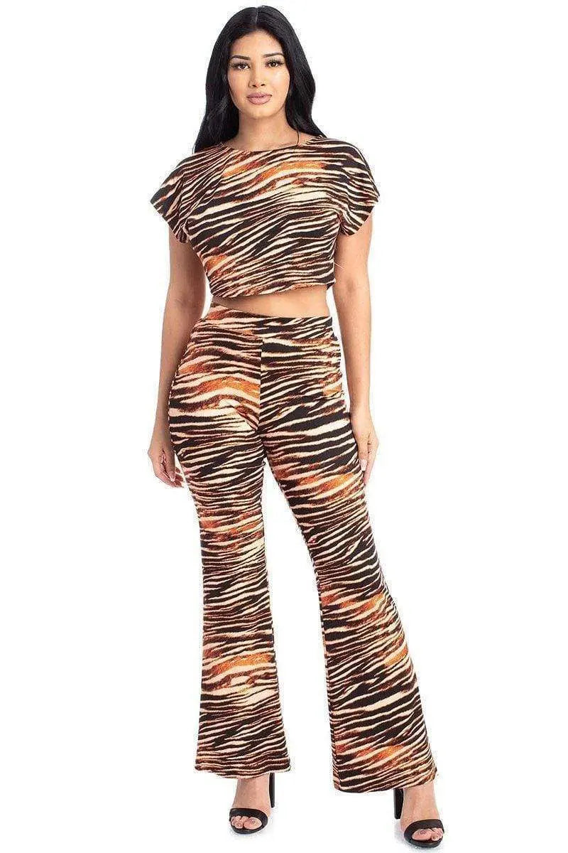 Zebra Print Crop Top And Palazzo Pants Set Blue Zone Planet