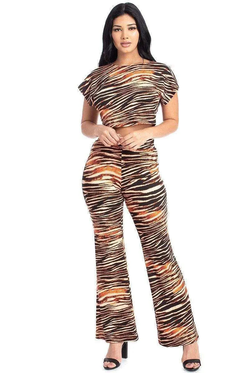 Zebra Print Crop Top And Palazzo Pants Set Blue Zone Planet