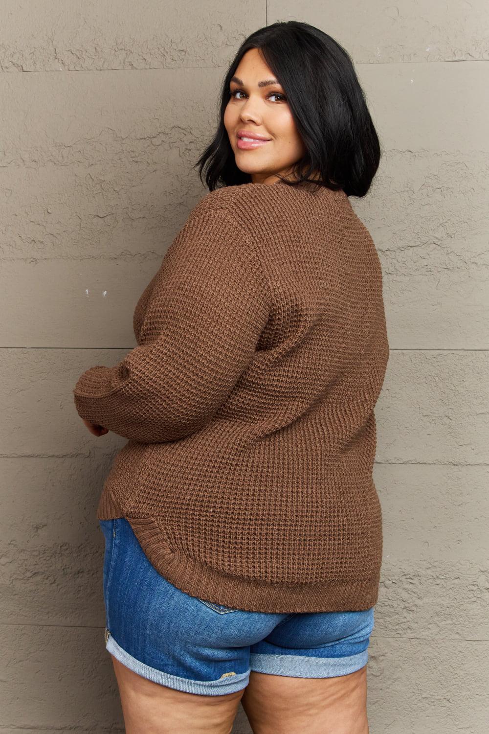 Zenana Breezy Days Plus Size High Low Waffle Knit Sweater BLUE ZONE PLANET