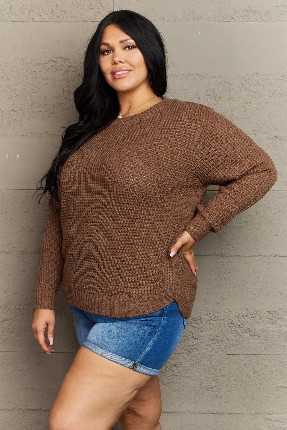 Zenana Breezy Days Plus Size High Low Waffle Knit Sweater BLUE ZONE PLANET