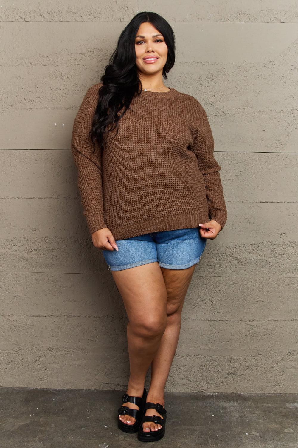 Zenana Breezy Days Plus Size High Low Waffle Knit Sweater BLUE ZONE PLANET