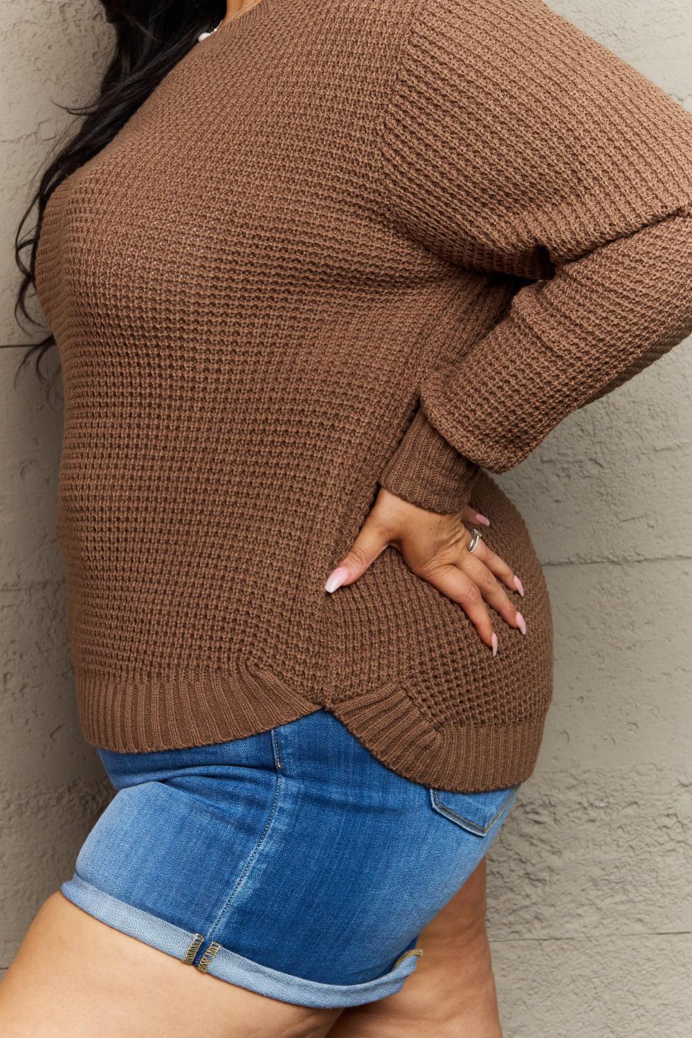 Zenana Breezy Days Plus Size High Low Waffle Knit Sweater BLUE ZONE PLANET