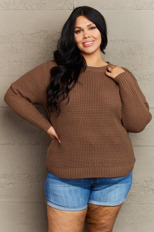 Zenana Breezy Days Plus Size High Low Waffle Knit Sweater BLUE ZONE PLANET