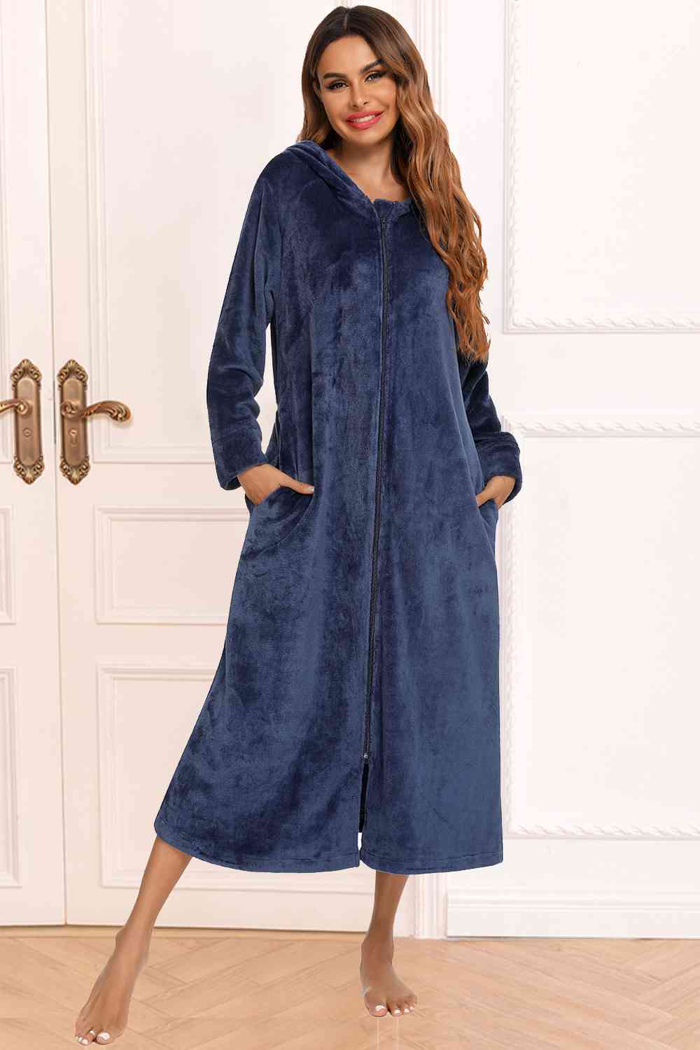 Zip Front Hooded Night Dress with Pockets BLUE ZONE PLANET