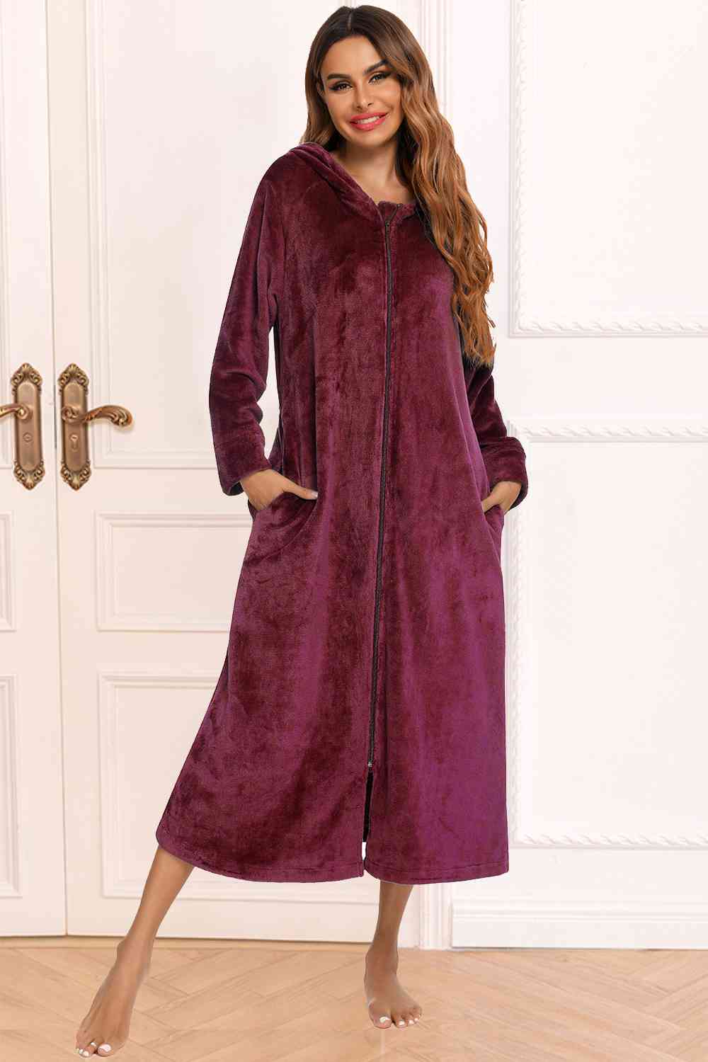 Zip Front Hooded Night Dress with Pockets BLUE ZONE PLANET