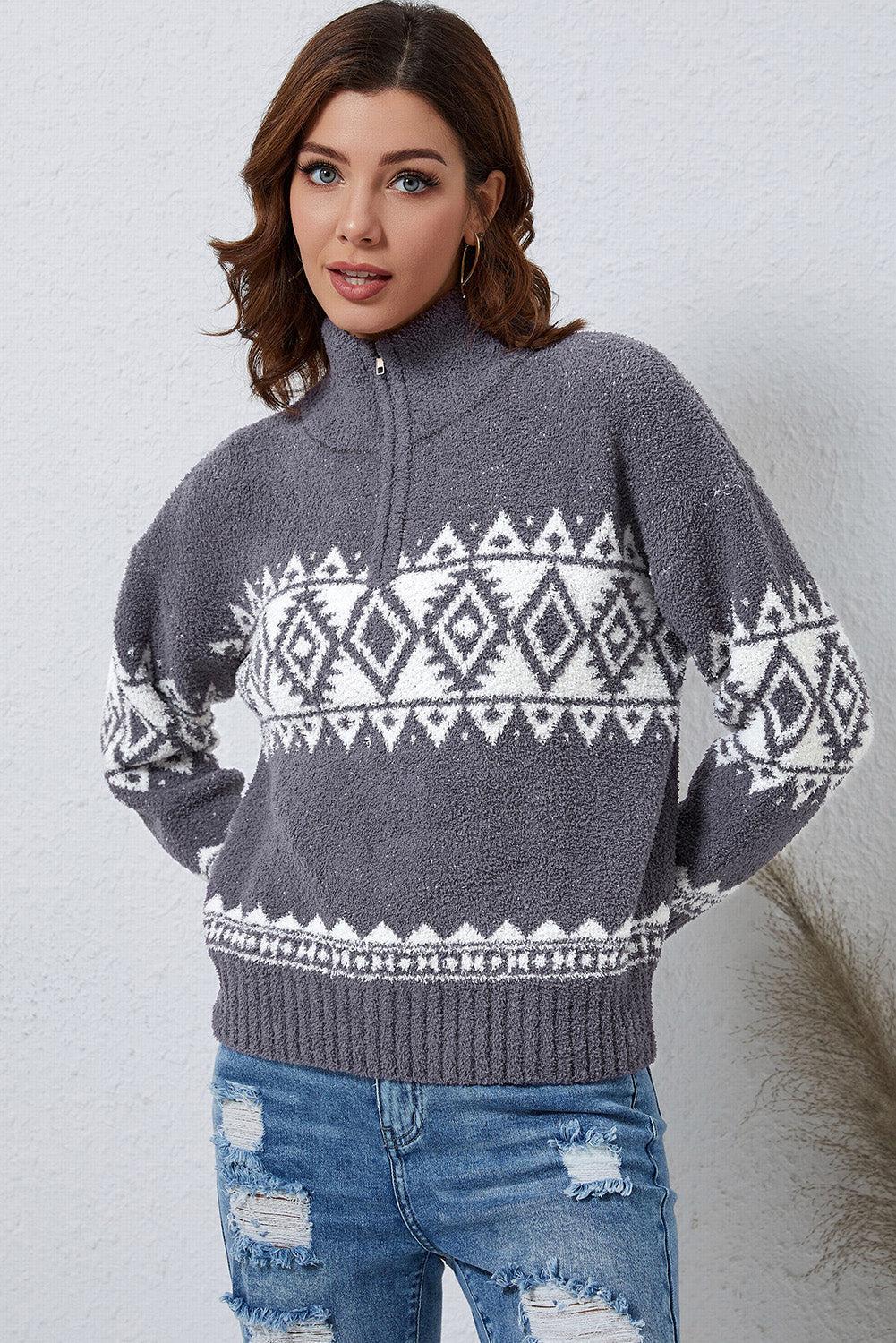 Zip-Up Geometrical Pattern Pullover Sweater BLUE ZONE PLANET