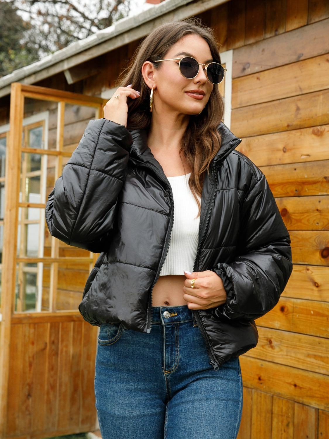 Zip-Up High Neck Puffer Jacket BLUE ZONE PLANET
