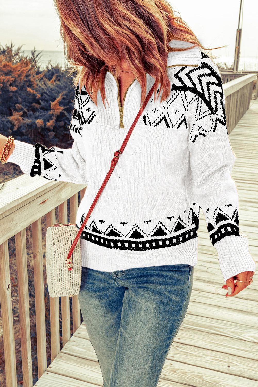 Zip-Up Mock Neck Dropped Shoulder Pullover Sweater BLUE ZONE PLANET