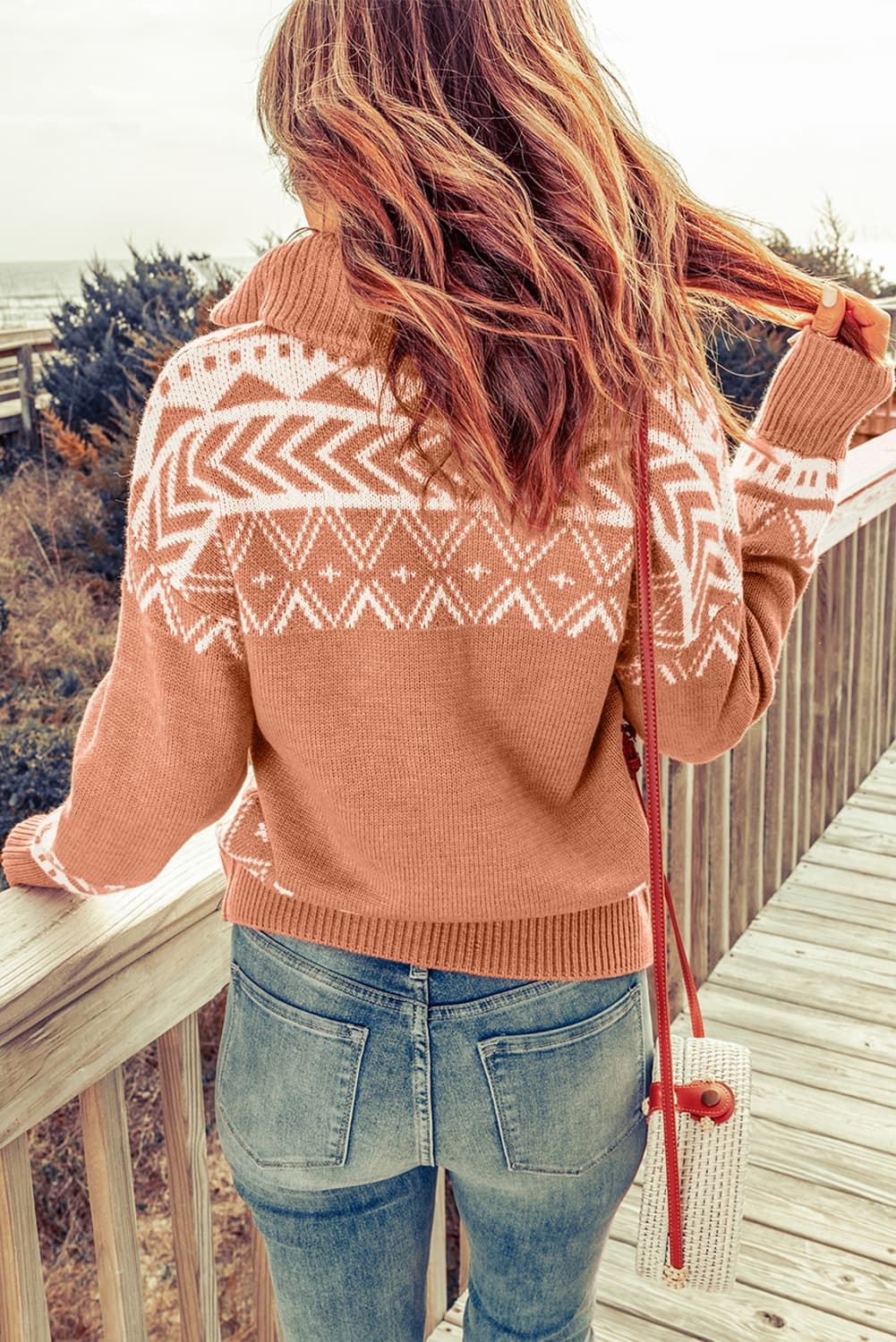 Zip-Up Mock Neck Dropped Shoulder Pullover Sweater BLUE ZONE PLANET