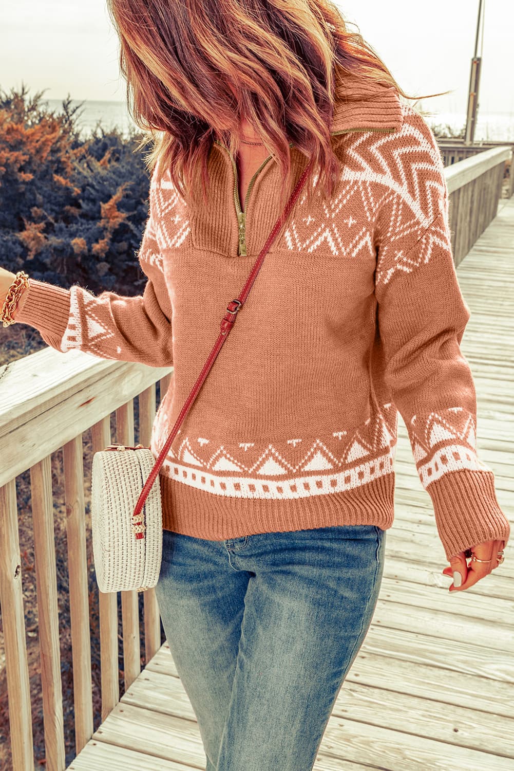 Zip-Up Mock Neck Dropped Shoulder Pullover Sweater BLUE ZONE PLANET
