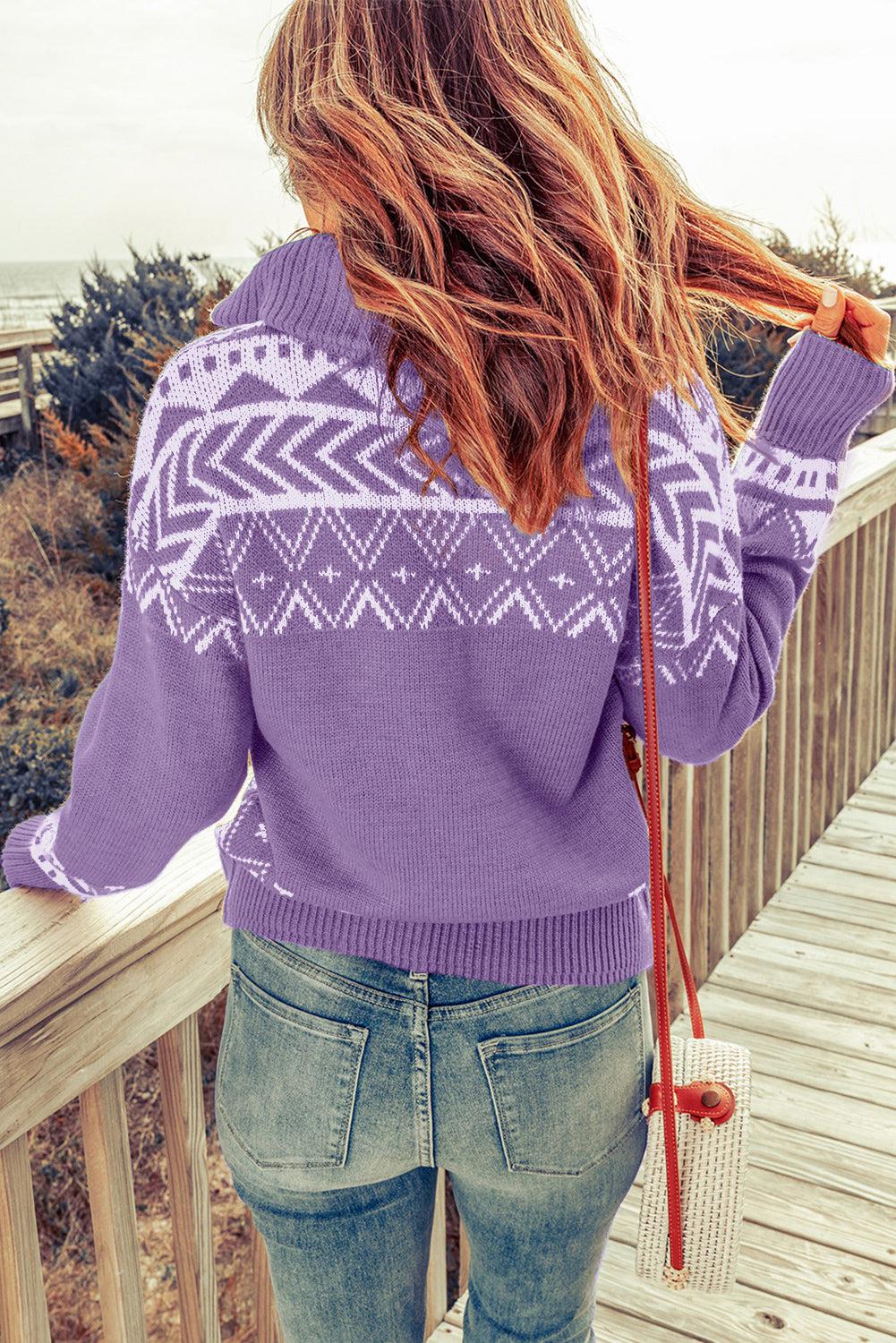 Zip-Up Mock Neck Dropped Shoulder Pullover Sweater BLUE ZONE PLANET