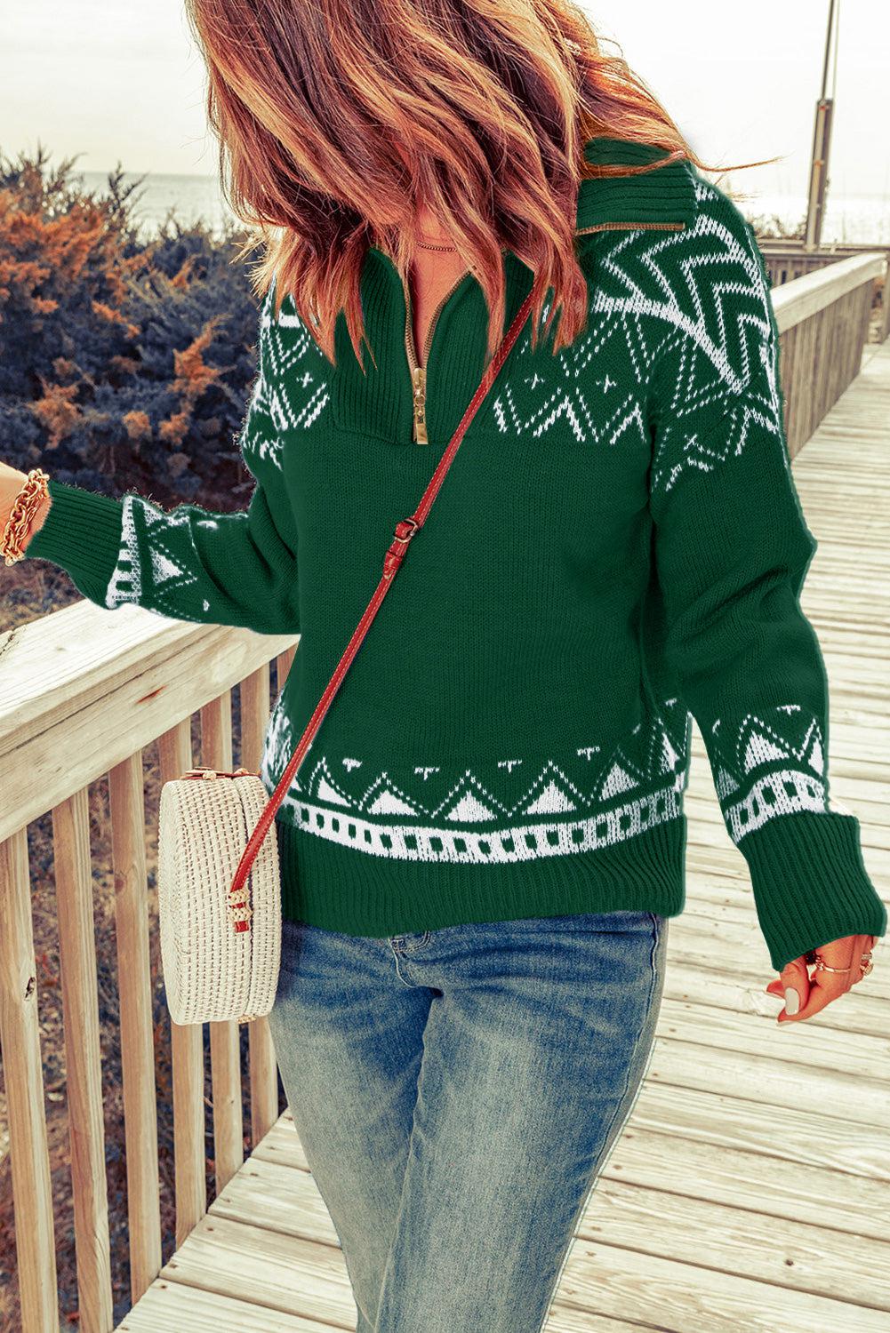 Zip-Up Mock Neck Dropped Shoulder Pullover Sweater BLUE ZONE PLANET