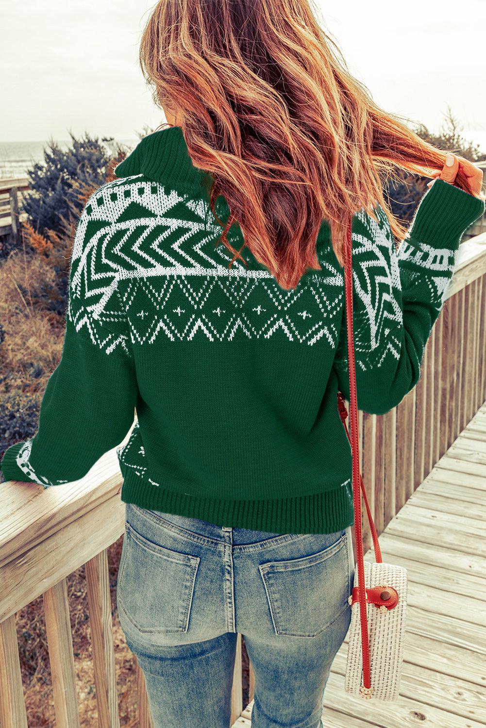 Zip-Up Mock Neck Dropped Shoulder Pullover Sweater BLUE ZONE PLANET