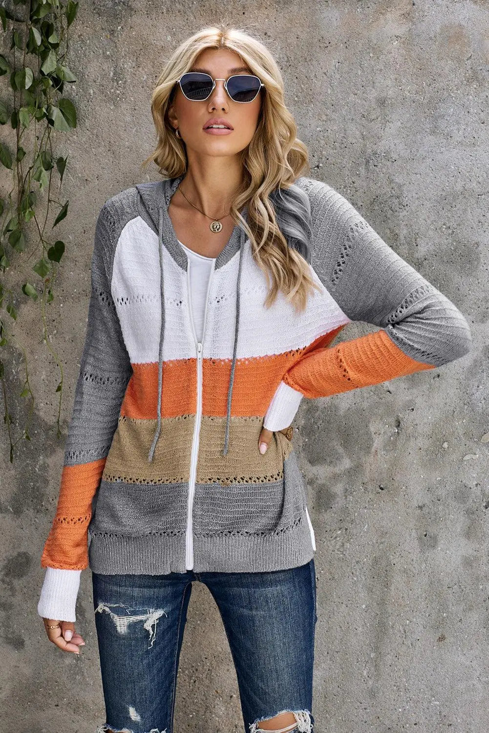Zip-Up Raglan Sleeve Openwork Hooded Cardigan BLUE ZONE PLANET