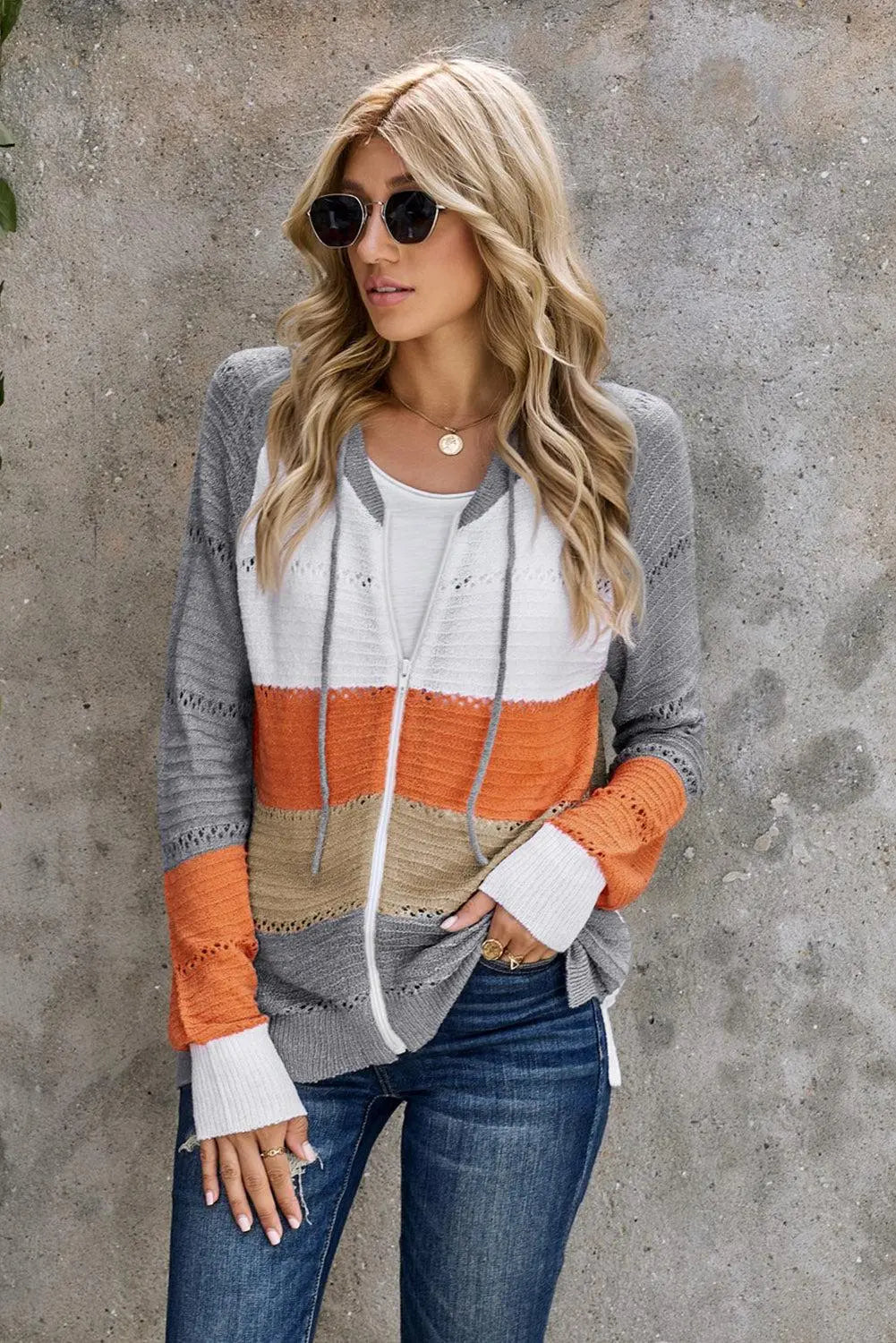 Zip-Up Raglan Sleeve Openwork Hooded Cardigan BLUE ZONE PLANET