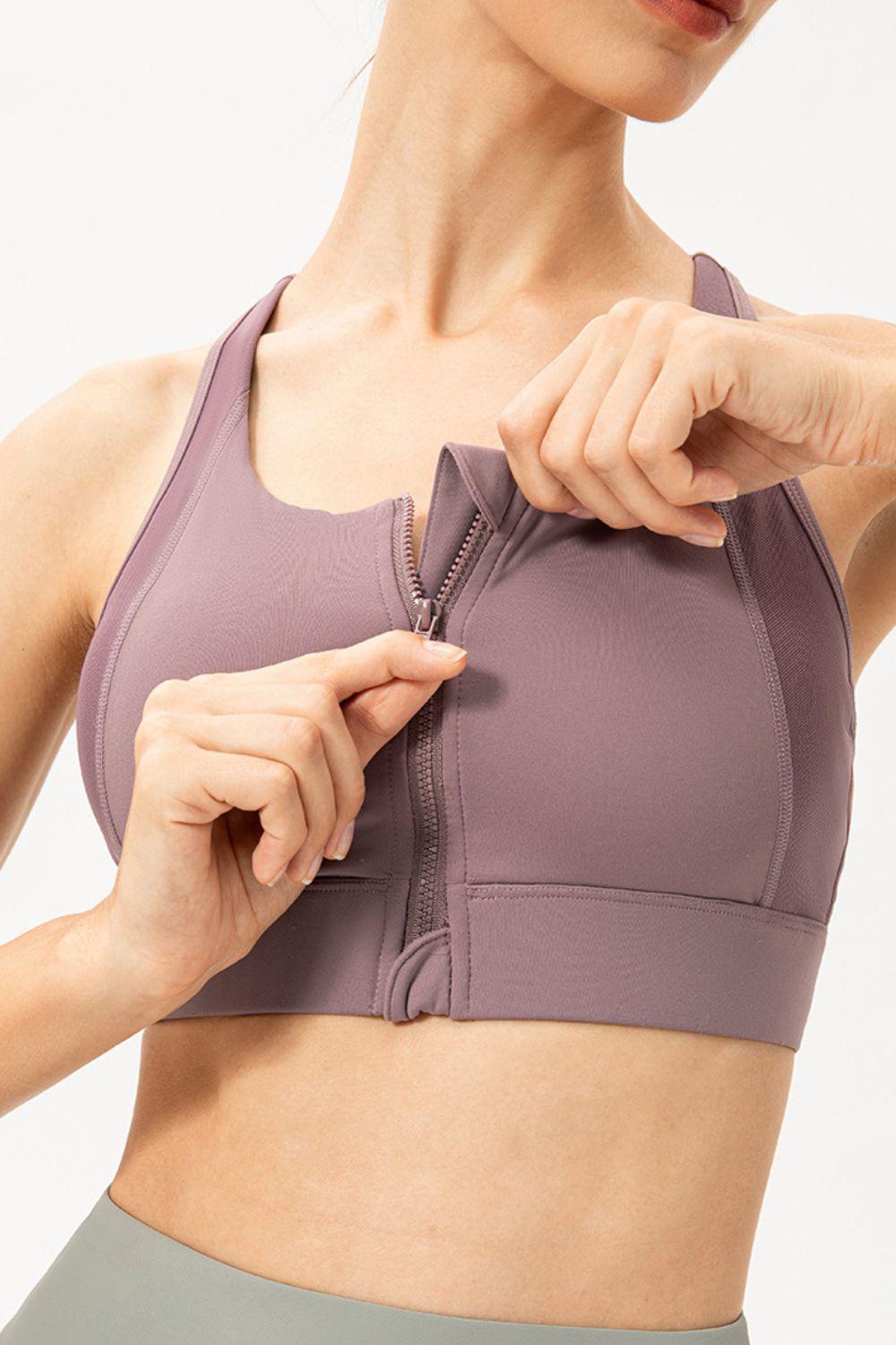 Zip-Up Round Neck Sports Bra BLUE ZONE PLANET