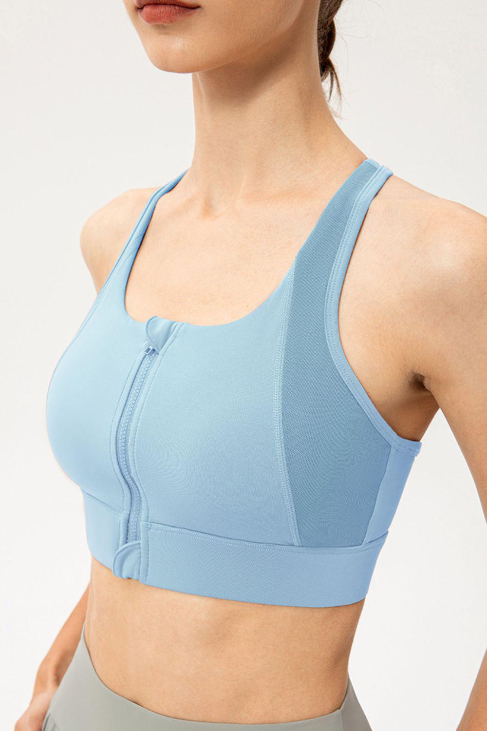 Zip-Up Round Neck Sports Bra BLUE ZONE PLANET