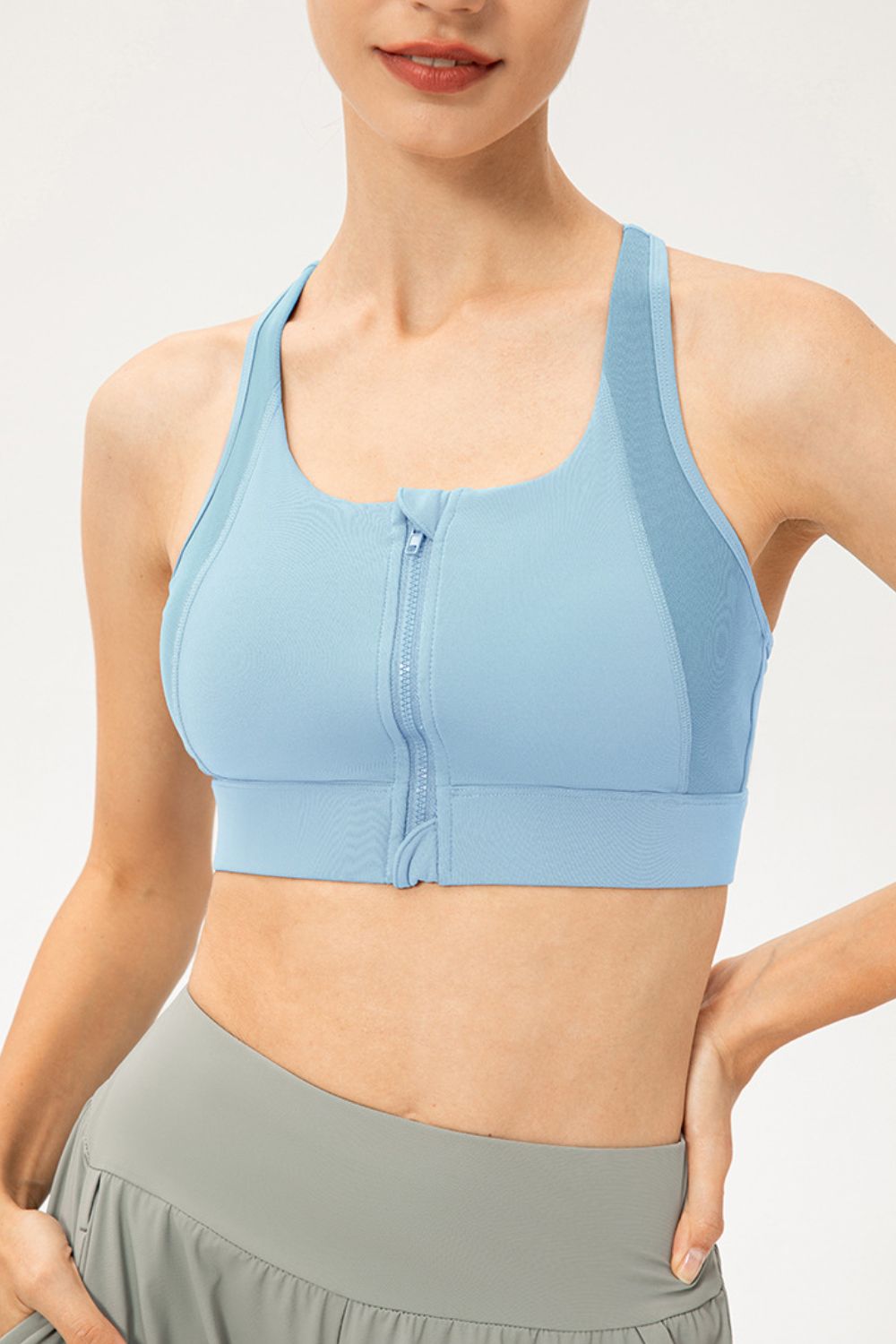 Zip-Up Round Neck Sports Bra BLUE ZONE PLANET