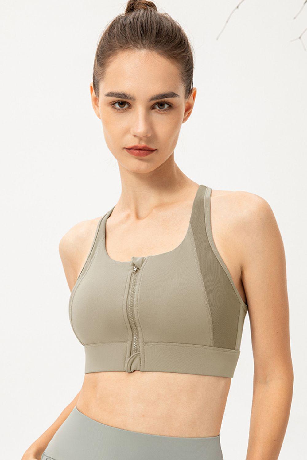 Zip-Up Round Neck Sports Bra BLUE ZONE PLANET