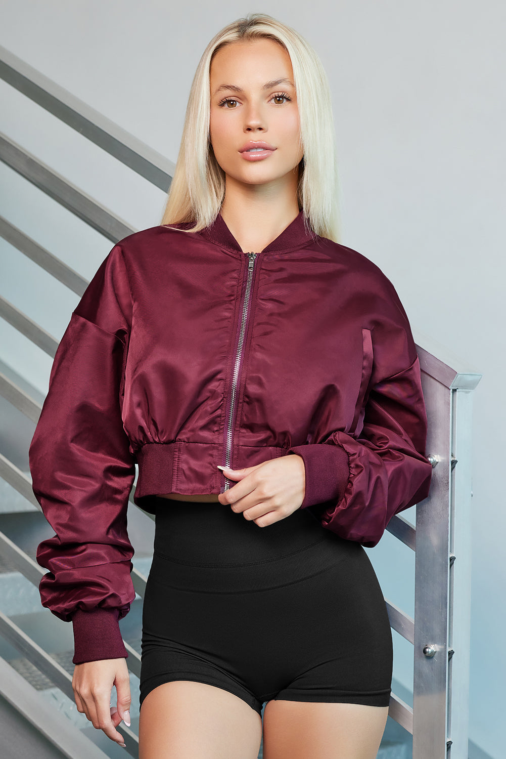 Zip-Up Ruched Cropped Jacket BLUE ZONE PLANET