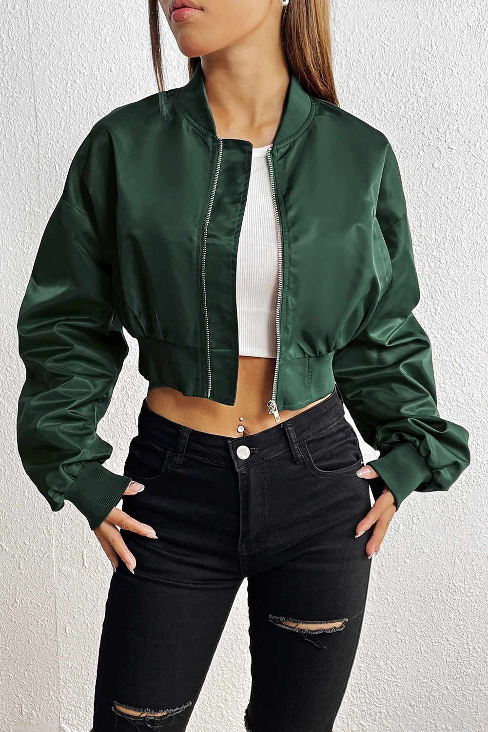 Zip-Up Ruched Cropped Jacket BLUE ZONE PLANET