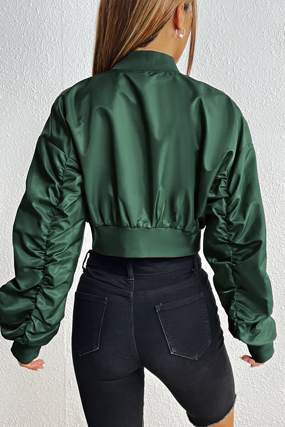 Zip-Up Ruched Cropped Jacket BLUE ZONE PLANET