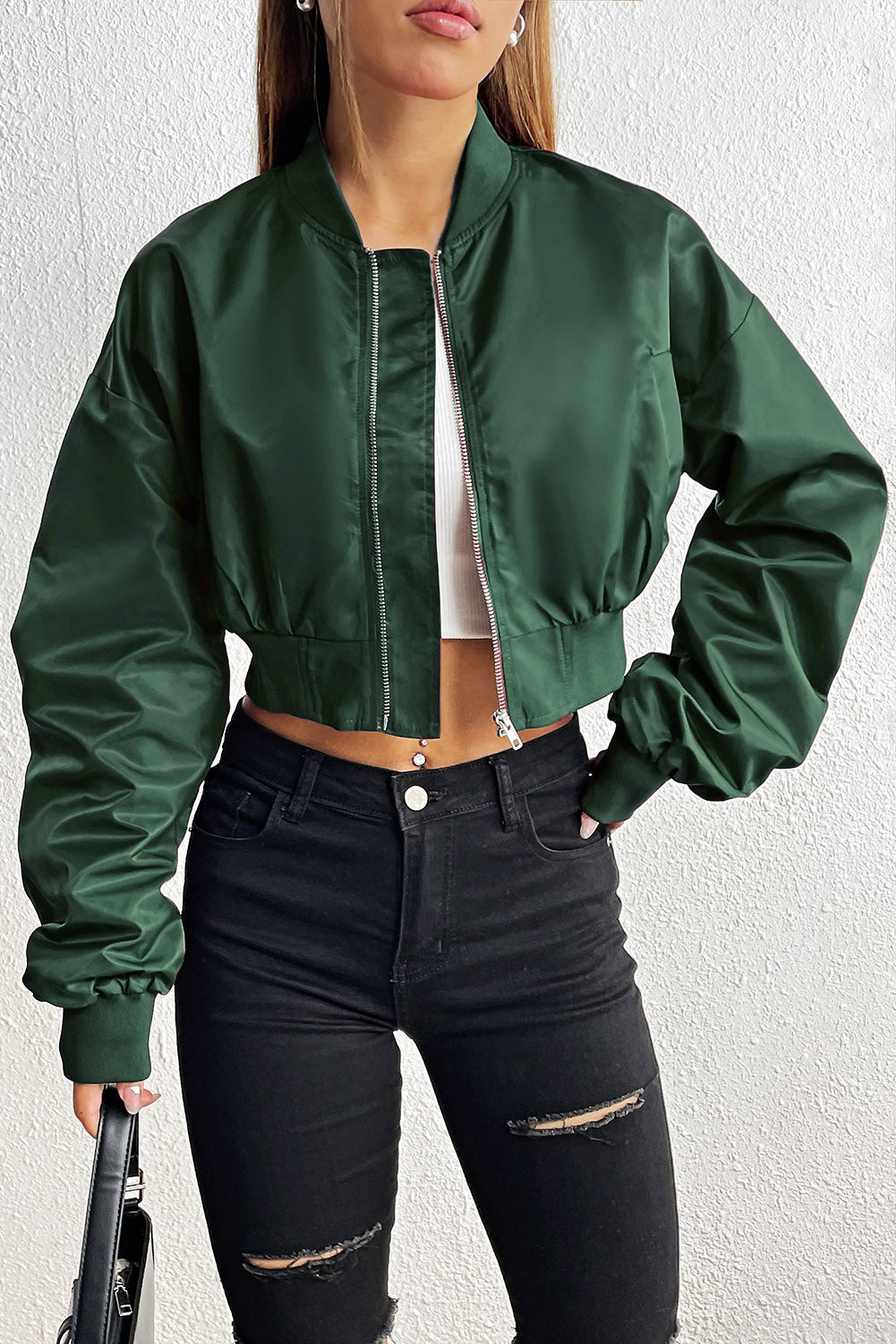 Zip-Up Ruched Cropped Jacket BLUE ZONE PLANET