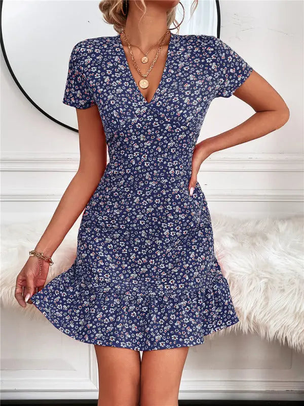 Zoe's Woven V-Neck Ditsy Print Short Sleeve Mini Dress BLUE ZONE PLANET