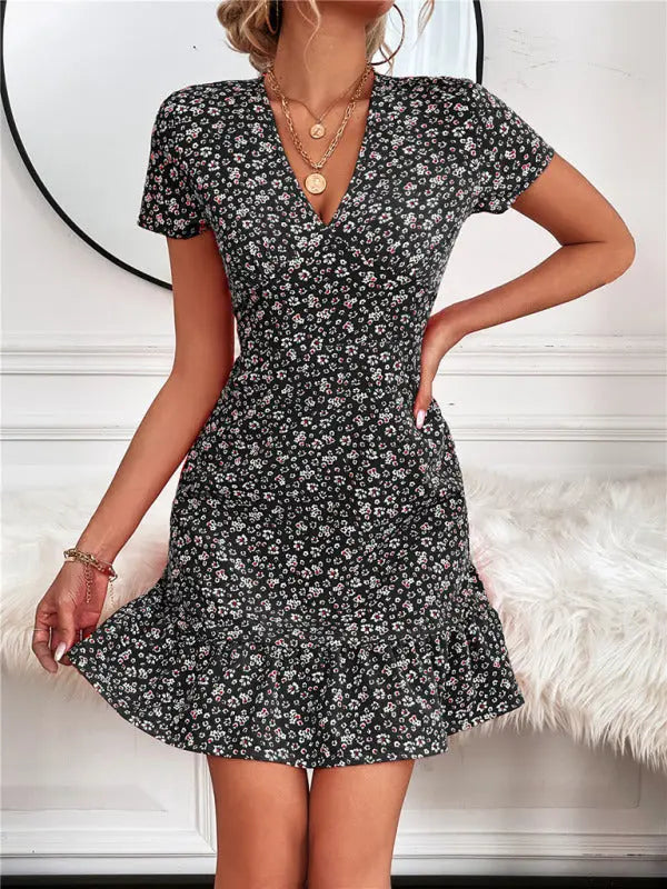 Zoe's Woven V-Neck Ditsy Print Short Sleeve Mini Dress BLUE ZONE PLANET