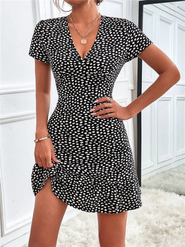 Zoe's Woven V-Neck Ditsy Print Short Sleeve Mini Dress BLUE ZONE PLANET