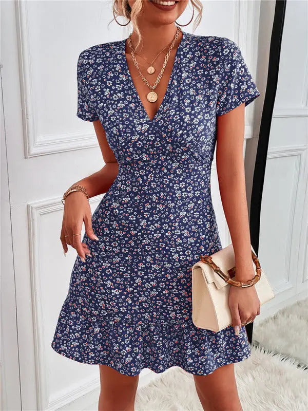 Zoe's Woven V-Neck Ditsy Print Short Sleeve Mini Dress BLUE ZONE PLANET