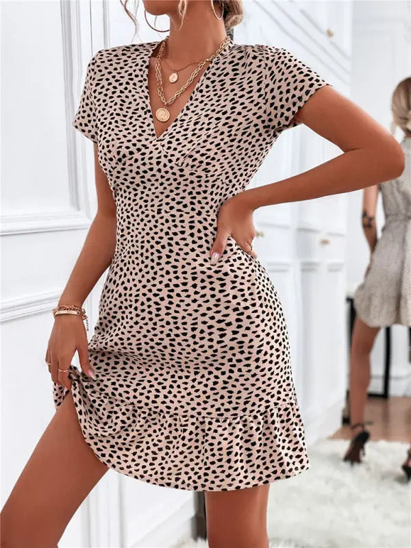 Zoe's Woven V-Neck Ditsy Print Short Sleeve Mini Dress BLUE ZONE PLANET