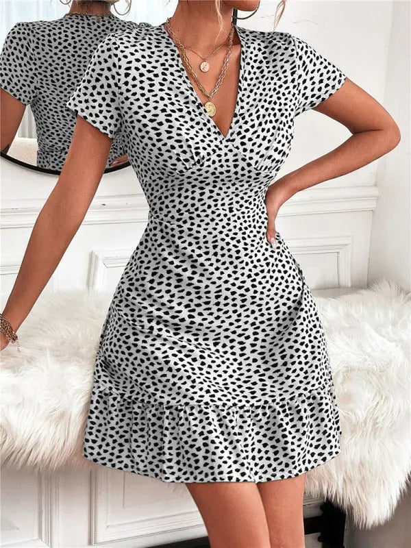 Zoe's Woven V-Neck Ditsy Print Short Sleeve Mini Dress BLUE ZONE PLANET