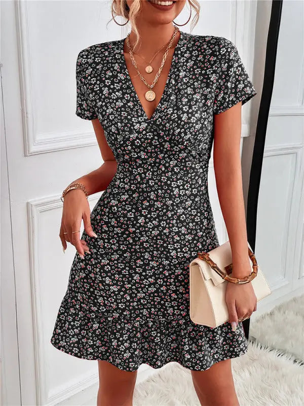 Zoe's Woven V-Neck Ditsy Print Short Sleeve Mini Dress BLUE ZONE PLANET