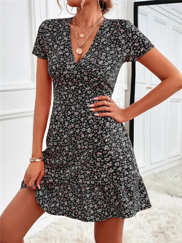 Zoe's Woven V-Neck Ditsy Print Short Sleeve Mini Dress BLUE ZONE PLANET