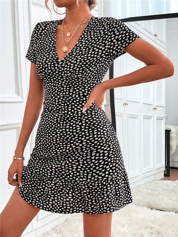 Zoe's Woven V-Neck Ditsy Print Short Sleeve Mini Dress BLUE ZONE PLANET