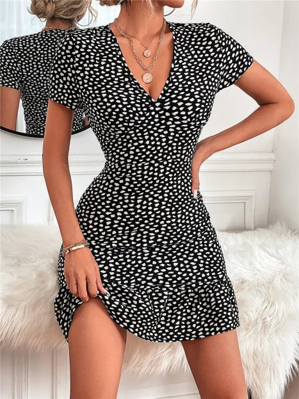 Zoe's Woven V-Neck Ditsy Print Short Sleeve Mini Dress BLUE ZONE PLANET