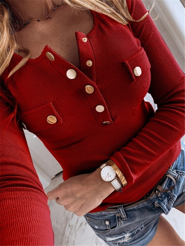 Blue Zone Planet | Solid Color Long Sleeve Button Knit Top BLUE ZONE PLANET