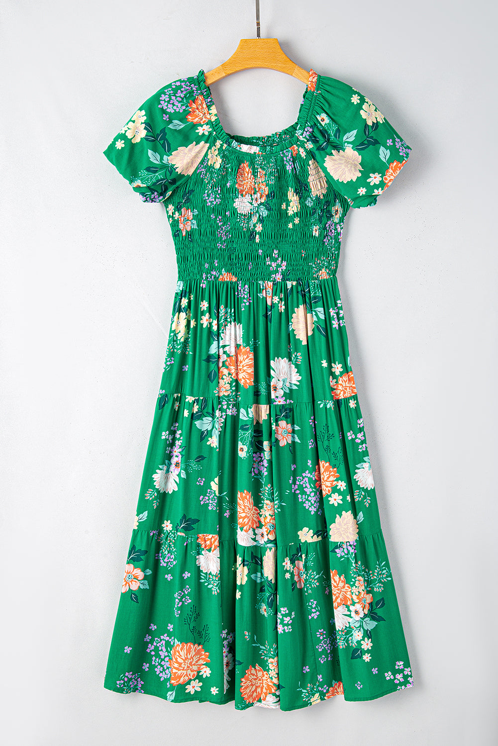 Blue Zone Planet | Green Floral Print Bubble Sleeve Smocked Tiered Midi Dress Blue Zone Planet