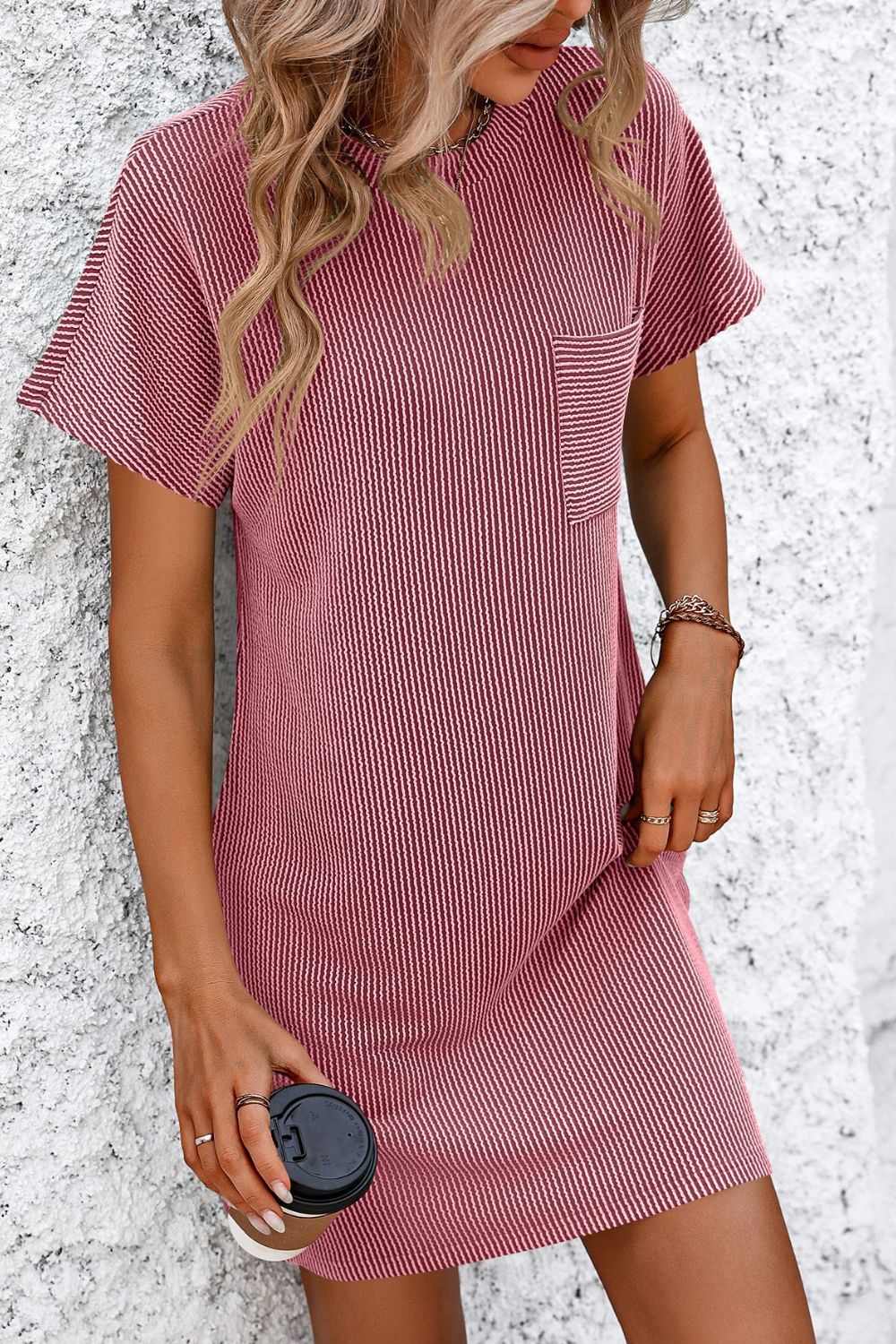 Ribbed Striped Short Sleeve Mini Tee Dress BLUE ZONE PLANET