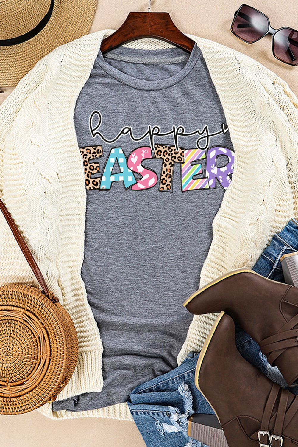 Gray Happy Easter Lettering Graphic Crewneck Tee