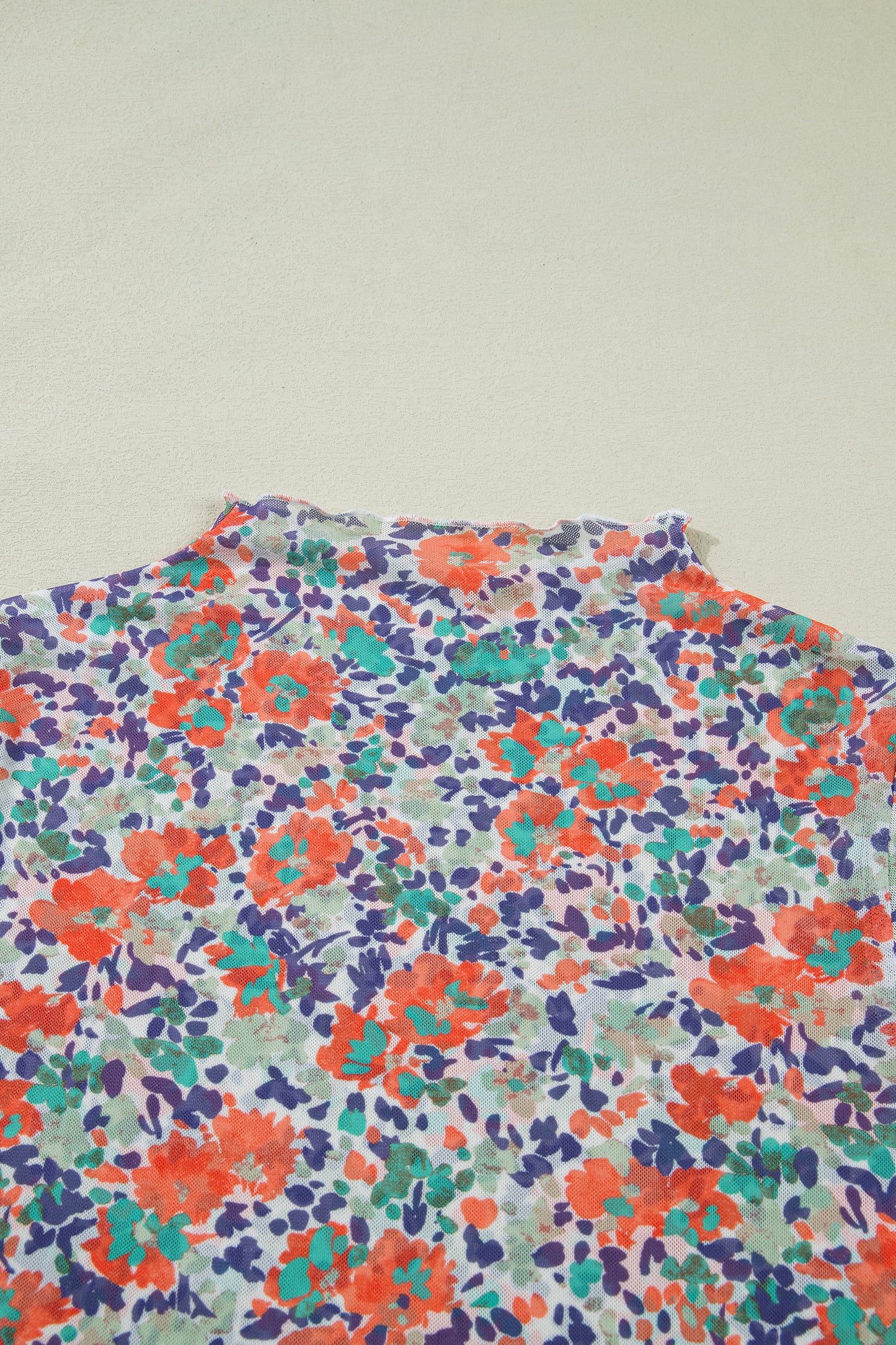 Blue Slim Fit Floral Mesh Long Sleeve Mock Neck Top